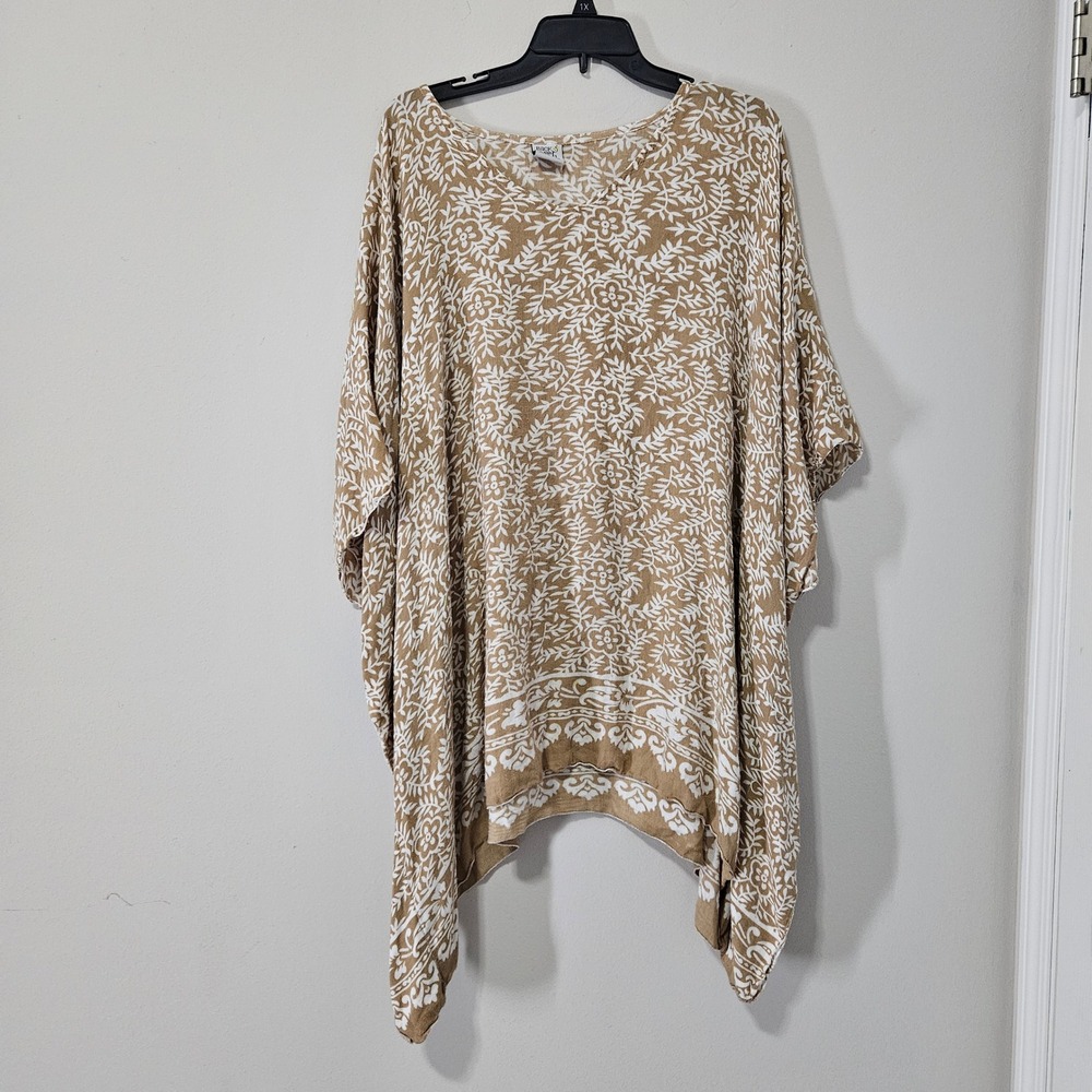 Back From Bali Womens Tan White Floral Batik Kaftan Poncho Oversized One Size